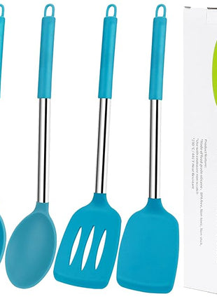 Silicone Spatula Spoon Set, 4 PCS Silicone Cooking Utensils Spatula Spoon Set with Stainless Steel Handle, BPA Free Kitchen Turners for Frying, Mixing, Serving, Draining, Turning, Stirring, Blue