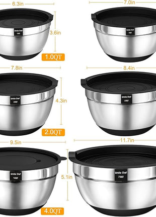 Umite Chef Mixing Bowls with Airtight Lids, 26Pcs Stainless Steel Bowls Set, 3 Grater Attachments & Black Non-Slip Bottoms Size 7, 4, 2.5, 2.0,1.5, 1QT, Great for Mixing & Serving