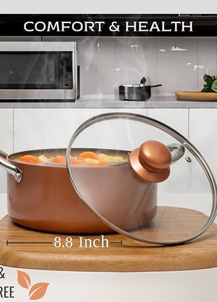 Moss & Stone 7 Pcs Copper Chef Cookware Non Stick Deep Frying Pan 9.5" x 3.5", Fry Basket, Dishwasher & Oven Safe, 5 Qt Deep Square Pot, Non Stick Pan & Round Pot, Induction Copper Cookware Set