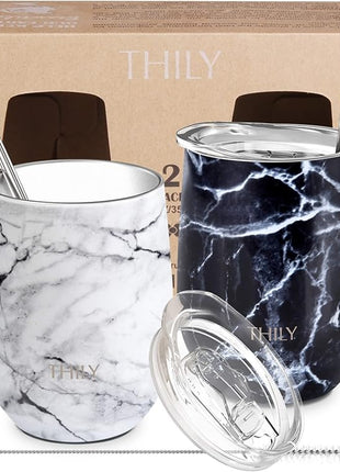 THILY Vacuum Insulated Stemless Wine Tumbler 12 oz Stainless Steel Wine Glass with Lid and Straw, Keep Drinks Cold or Hot, Christmas Birthday Gift, 2 Pack(White Marble + Black Marble)