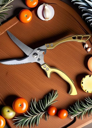ANDONG Heavy Duty Kitchen Poultry Shears with Serrated Edge, Spring Loaded Kitchen Scissors, Professional Chicken Shears, Gold