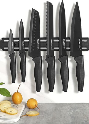 Wanbasion 7 Piece Black Sharp Knife Set for Kitchen, Stainless Steel Chef Knife Set with Magnetic Strip and Cover for Meat Cutting
