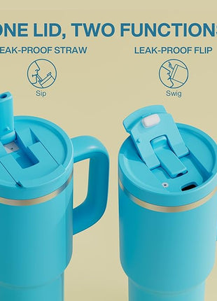 40 oz Tumbler with Handle and Straw: Stainless Steel Insulated Tumbler Keeps Cold for 24 Hours, Leakproof Travel Cup Fits in Cup Holder and BPA-Free,Azure Blue