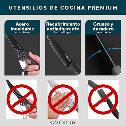 Home Hero Steak Knives Set of 12 - High-Carbon Stainless Steel Blades - Razor-Sharp Serrated Knives - Black Ergonomic Handles - 12 Pcs, Black