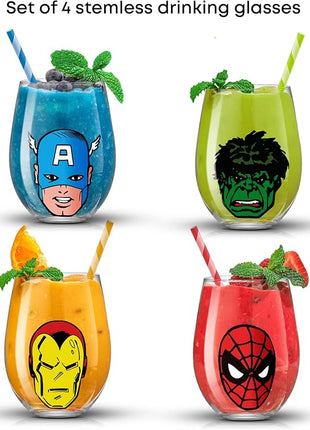 JoyJolt Marvel Heroes Stemless Drinking Glasses, 19oz Superhero Cups ft Hulk Captain America Spiderman and Iron Man, Avengers Glassware Set of 4, Marvel Gifts for Men and Women