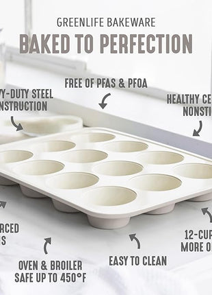 GreenLife 12-Cup Muffin Pan, PFAS-Free Healthy Nonstick Baking Tray, 11.4" x 1.9" x 15.9", Durable Ceramic Bakeware, Cupcakes, Egg Bites, Tarts, Brownies, Taupe