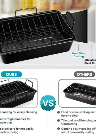 TeamFar Roasting Pan, 16’’ Nonstick Deep Lasagna Brownie Turkey Pan with V-Shaped Rack & Cooling Rack, with Stainless Steel Core & Nonstick Coating, Healthy & Sturdy Handles, Easy to Clean, Set of 3