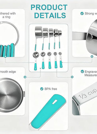 Measuring Cups and Spoons Set Stainless Steel 10 Piece for Cooking and Baking (5 Cups + 5 Spoons, Aqua Sky Handle)