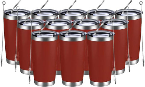 MEWAY 20oz Tumbler 12 Pack Double Wall Vacuum Insulated Travel Mug Bulk, Stainless Steel Tumblers with Lid and Straw, Powder Coated Coffee Cups for Cold & Hot Drinks (Red, Set of 12)