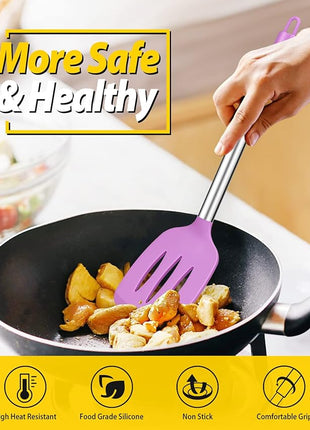 Pack of 4 Silicone Cooking Utensils Set, Non Stick Large Solid Spatulas, Heat Resistant Purple Slotted Spoons, Ideal BPA Free Kitchen Turners for Frying, Mixing,Serving,Draining,Turning,Stirring