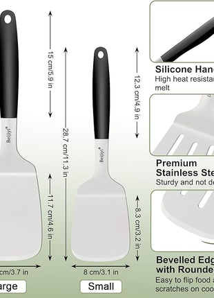 Beijiyi Stainless Steel Spatulas, 2 Pcs Metal Spatula Set for Cooking with Silicone Handle, Heavy Duty Turner for Cast Iron Skillet, Flat Top Grills, Kitchen Utensils for Steak, Pancake, Smash Burger