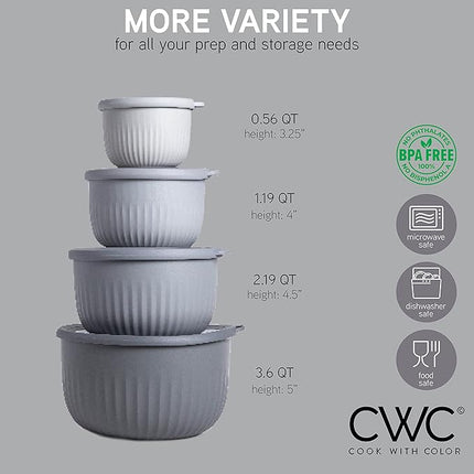 COOK WITH COLOR Prep Bowls with Lids- Wide and Deep Nesting Plastic Small Mixing Bowl Set with Lids, 8 Piece Set - Deep Bowls, Gray