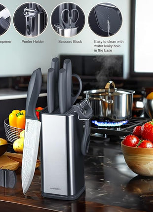 RAXCO 10-Piece Kitchen Knife Set | Stainless Steel Holder | Compact Design - Gray