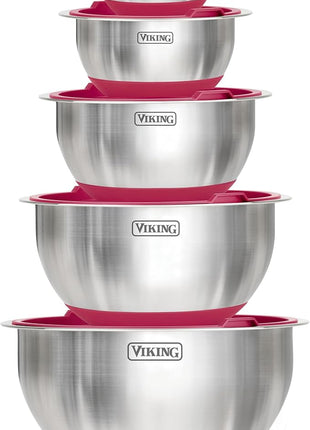 VIKING Mixing Bowls Set, 10 Piece Stainless Steel Kitchen Cookware, Non-Slip Silicone Base, Includes Tight Fit Lids, Dishwasher Safe, Red