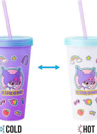 Silver Buffalo Sanrio Hello Kitty and Friends Sticker Design Featuring Kuromi, Keroppi, My Melody, and Hello Kitty 4 Pack Color Changing Plastic Tumbler Set with Glitter Straw, 24 Ounces