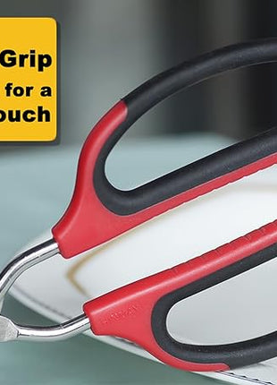 12" 16" Extra Long Stainless Steel Kitchen Tongs Set, Non-Slip Comfortable Red Grip, Scissor Design, Heat Resistant for Cooking Grilling and Serving