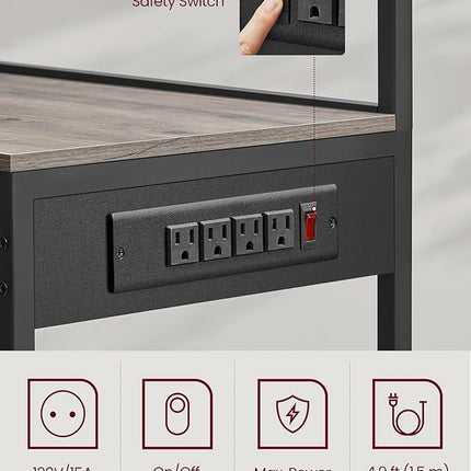 VASAGLE Bakers Rack with Power Outlet, 35.4 Inches Microwave Stand, Coffee Bar, 4 AC Outlets, with Adjustable Shelves, 8 S-Hooks, Basket, Spice Racks, Heather Greige and Ink Black UKKS031K02
