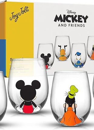 JoyJolt Disney Mickey Mouse Squad Collection Tumblers. 15oz Stemless Wine Glasses Set of 4 Stemless Drinking Glasses. Gifts Stuff, Wine Glass Mickey Mouse Cup Set