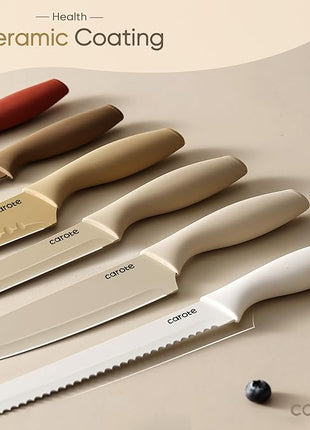 CAROTE 12 Pieces Kitchen Knife Set, Stainless Steel Knife Set With Nonstick Ceramic Coating, Dishwasher Safe with 6 Blade Guards, Rustproof, Brown