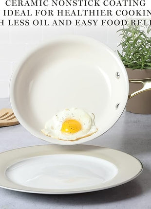 Martha Stewart Lockton Premium Non stick Non Toxic PFA Free Ceramic Interior 10 Piece Heavy Gauge Enamel Aluminum Pots and Pans Cookware Set - Linen White w/Gold Handle