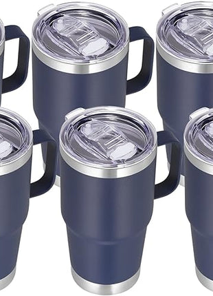 VEGOND 20 oz Tumbler Bulk with Handle Lid and Straw, Stainless Steel Insulated Travel Coffee Mug Set, Spill Proof Double Wall Metal Tumblers Cups, Navy Blue 6 Pack