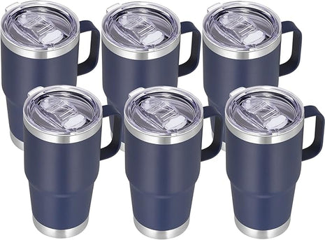VEGOND 20 oz Tumbler Bulk with Handle Lid and Straw, Stainless Steel Insulated Travel Coffee Mug Set, Spill Proof Double Wall Metal Tumblers Cups, Navy Blue 6 Pack