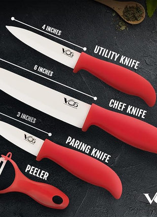 Vos Ceramic Knife Set with Peeler, Ceramic Knives Set For Kitchen, Ultra Sharp Kitchen Knife Set with Covers, 3" 4" 6" Paring, Utility & Chef Knife, Ultra Sharp, Lightweight, Dishwasher safe (Red)