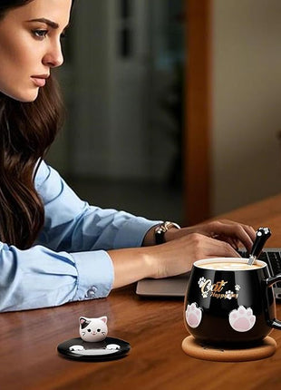 Bgbg Cute Cat Mug, Novelty Ceramic Coffee Tea Milk Cup with Lovely Kitty Lid, Kawaii Claw Spoon, Anime Coaster, Novelty Things Birthday Christmas Gift for Cat Lovers Women Her, 14 oz, Black