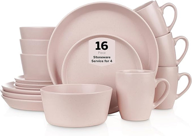 SERVICE FOR 4 - Total of 16 pieces including 8 dinner plates (10”), 4 salad plates (7.5”), 4 bowls (5.75”), and 4 mugs (12 oz), making it the perfect set to service 4 people
