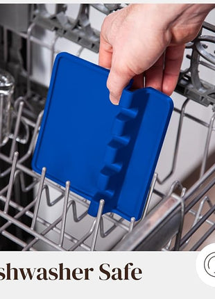 Blue Silicone Spoon Rest for Stove Top with Drip Pad (Two Pack) - Heat Resistant BPA Free Utensil Rest & Spoon Holder for Kitchen Counter - Grill Utensil Holder - Spatula Holder, Tongs, Ladle