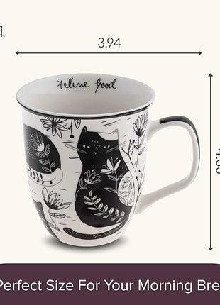Karma Gifts 16 oz Black and White Boho Mug Cat - Cute Coffee and Tea Mug - Ceramic Coffee Mugs for Women and Men