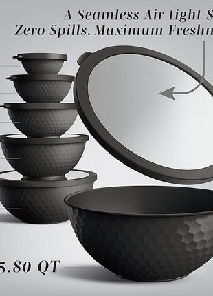 COOK WITH COLOR Mixing Bowls with Lids - 12 Piece Plastic Nesting Bowls Set includes 6 Prep Bowls and 6 Lids, Non Slip Bottom and Embossed Design - Microwave Safe (Black)