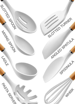 Country Kitchen Non Stick Silicone Utensil Set with Rounded Wood Handles for Cooking and Baking, 8 Piece Set, White