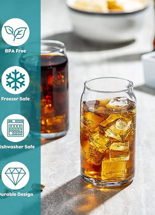 Drinking Glasses with Bamboo Lids and Glass Straw 8PCS Set, 16oz Glass Cups with Lids and Straws, Beer, Iced Coffee Glasses, Soda, Gift 2 Cleaning Brushes