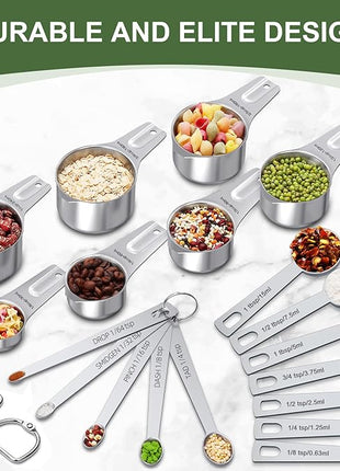 Measuring Cups and Spoons Set, 7 Stainless Steel Nesting Measuring Cups & 7 Spoons, 5 Mini Measuring Spoons & 2 Detachable Rings, Kitchen Gadgets for Cooking & Baking, Set of 21