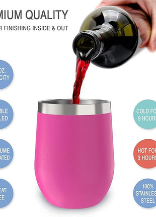 CHILLOUT LIFE 12 oz Stainless Steel Wine Tumblers 2 Pack - Double Wall Vacuum Insulated Wine Cups with Lids and Straws Set for Coffee, Wine, Cocktails - Hot Pink