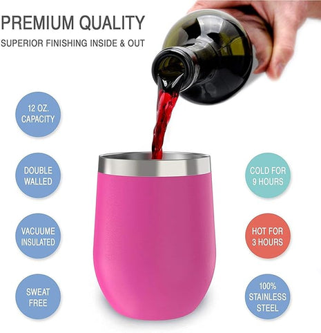 CHILLOUT LIFE 12 oz Stainless Steel Wine Tumblers 2 Pack - Double Wall Vacuum Insulated Wine Cups with Lids and Straws Set for Coffee, Wine, Cocktails - Hot Pink
