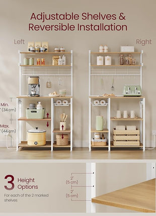 VASAGLE Bakers Rack with Power Outlet, 35.4 Inches Microwave Stand, Coffee Bar, 4 AC Outlets, with Adjustable Shelves, 8 S-Hooks, Basket, Spice Racks, Golden Oak and Cloud White UKKS031Y09