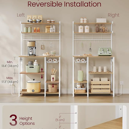 VASAGLE Bakers Rack with Power Outlet, 35.4 Inches Microwave Stand, Coffee Bar, 4 AC Outlets, with Adjustable Shelves, 8 S-Hooks, Basket, Spice Racks, Golden Oak and Cloud White UKKS031Y09