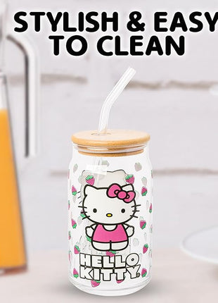 Silver Buffalo Sanrio Hello Kitty Strawberry Glass Jar Tumbler with Bamboo Lid and Glass Straw, 16 Ounces