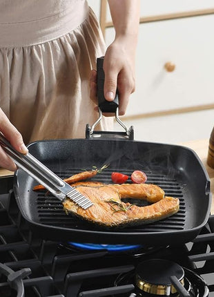 SKITCHN Grill Pan With Folding Handle, Nonstick for Stove Tops, Induction Compatible KBBQ With Pour Spouts, Indoor Square BBQ Grilling - 9IN
