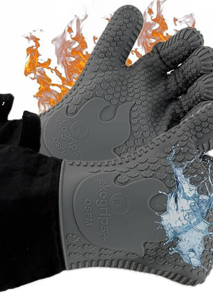 Ekogrips Plus Oven Gloves with Fingers, Comfy Waterproof Silicone Oven Mitts Heat Resistant with Long Cuff, Insulated BBQ Gloves Perfect for Grilling, Baking, Smoker, Canning, and Pizza, Grey, OSFM