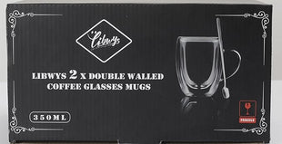 LIBWYS 2 Pack Double Walled Coffee Cups Glasses Mugs, 12oz Espresso Cappuccino Latte Tea Cups with Handle, Heat Resistant Borosilicate Clear Glasses 350ml