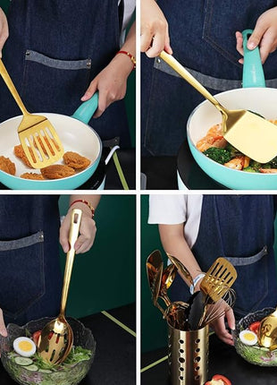 Gold Cooking Spoons, Berglander 6 Pieces Spatula Set Stainless Steel, Metal Spatula, Serving Spoon, Kitchen Tools Set Non-Stick And Heat Resistant, Dishwasher Safe, Easy to Clean (6 Packs)