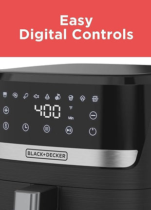 BLACK+DECKER Purifry 6QT Air Fryer, Timer with Auto Shut-off and Shake Reminder, Digital LED Touchscreen and 9 Presets, 1500w up to 400 F, Dishwasher Safe Parts