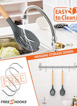 Large Silicone Cooking Spoons, 2 Pack Nonstick Solid and Slotted Wooden handle Spoon Set, Heat Resistan Silicone Kitchen Spoons for Cooking, Serving, Basting, Mixing (Grey)