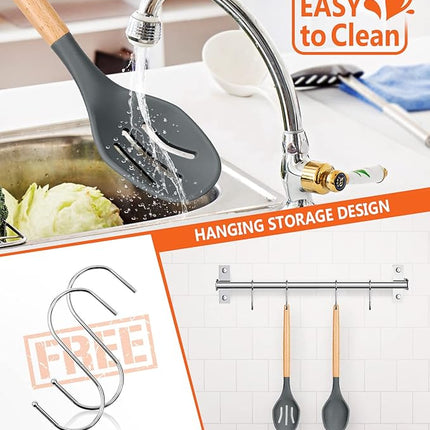 Large Silicone Cooking Spoons, 2 Pack Nonstick Solid and Slotted Wooden handle Spoon Set, Heat Resistan Silicone Kitchen Spoons for Cooking, Serving, Basting, Mixing (Grey)