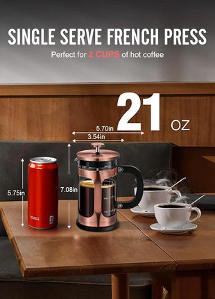 BAYKA 21 Ounce 0.6 Liter French Press Coffee Tea Maker Small, Heat Resistant Thickened Borosilicate Glass Stainless Steel Single Serve Brewer, Cold Brew Cafetera Teapot, Copper
