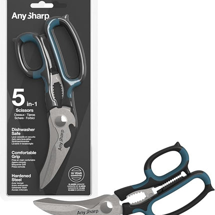 AnySharp 5-in-1 Multi-Function Kitchen Shears - Kitchen Scissors Heavy Duty with Hardened Steel Blades - Cut Chicken Bones and Thick Fabrics - Grip for Both Left and Right Handed - Dishwasher Safe