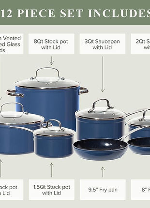 Nuwave Healthy Duralon Blue Ceramic Nonstick Cookware Set, Diamond Infused Scratch-Resistant, PFAS Free, Dishwasher & Oven Safe, Induction Ready & Evenly Heats, Tempered Glass Lids & Stay-Cool Handles